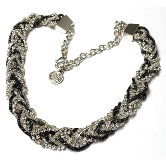 Dana Buchman Black Braided Rhinestone Necklace 14" Silver Tone Mesh 9 Strands - Picture 1 of 9